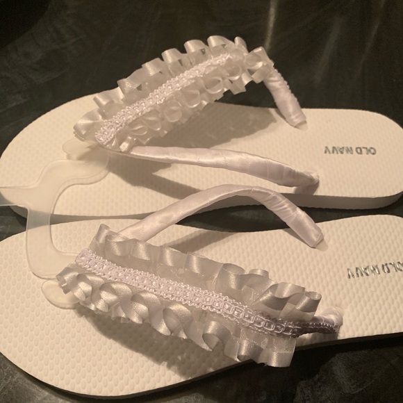 White Satin Ruffle Embellished Flops - Picture 2 of 2
